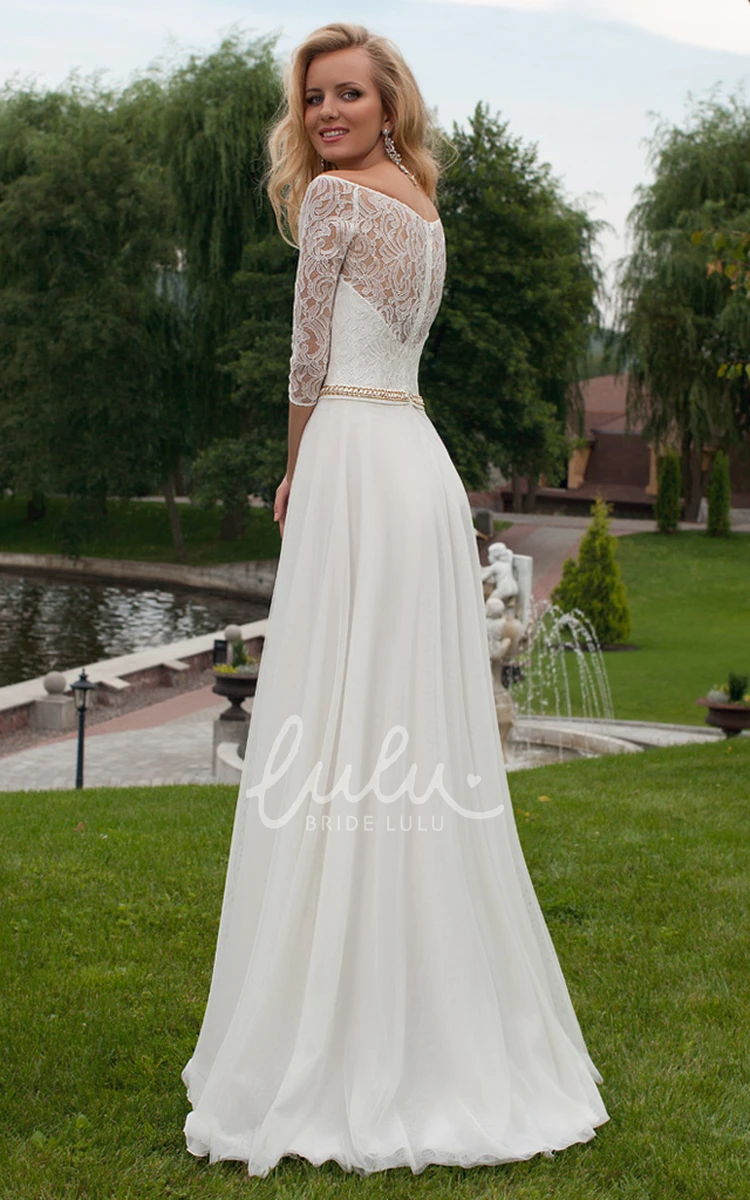 Chiffon Wedding Dress with Scoop Neck and 3-4 Sleeves Unique Bridal Gown