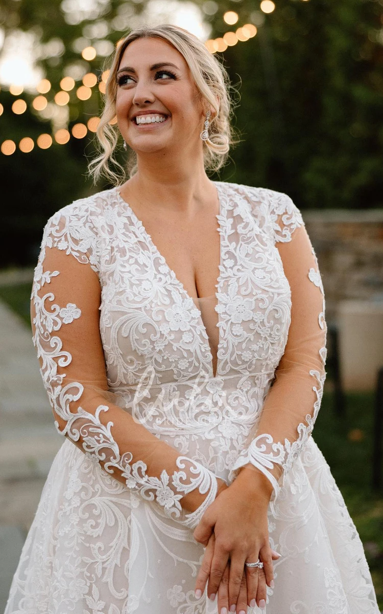 Sexy Plus Size Court Wedding Dress Illusion Long Sleeve Appliques Tulle Sweep Train Gown