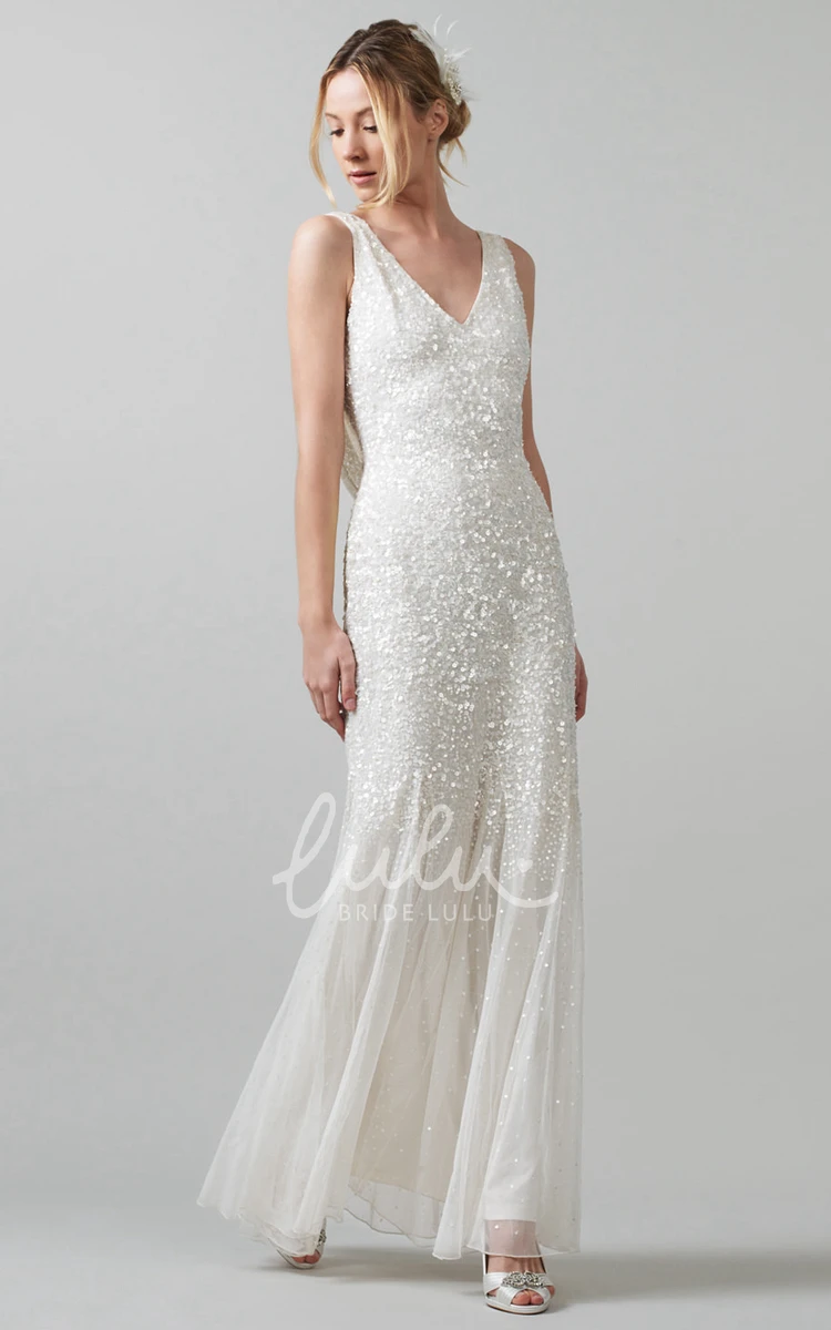 Sequin Sheath Wedding Dress with V-Neck and Low-V Back Floor-Length