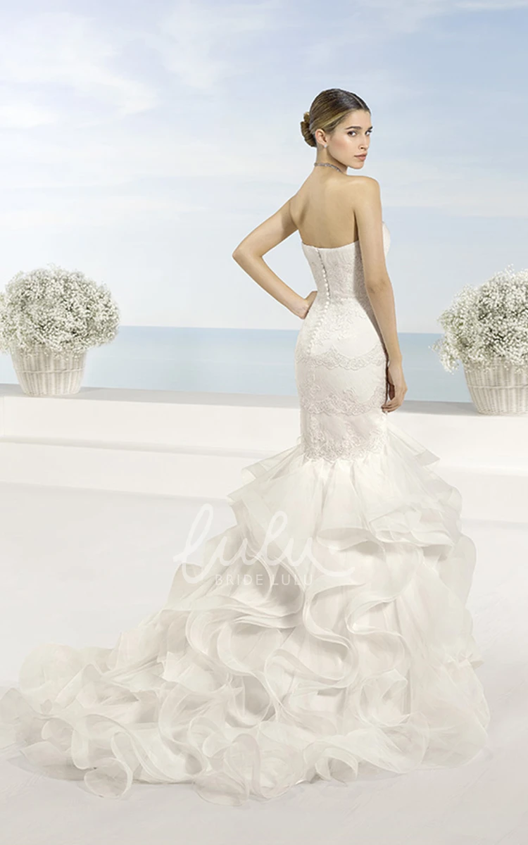 Lace&Organza Wedding Dress with Cascading-Ruffle and Appliques + Sheath + Cap Sleeves