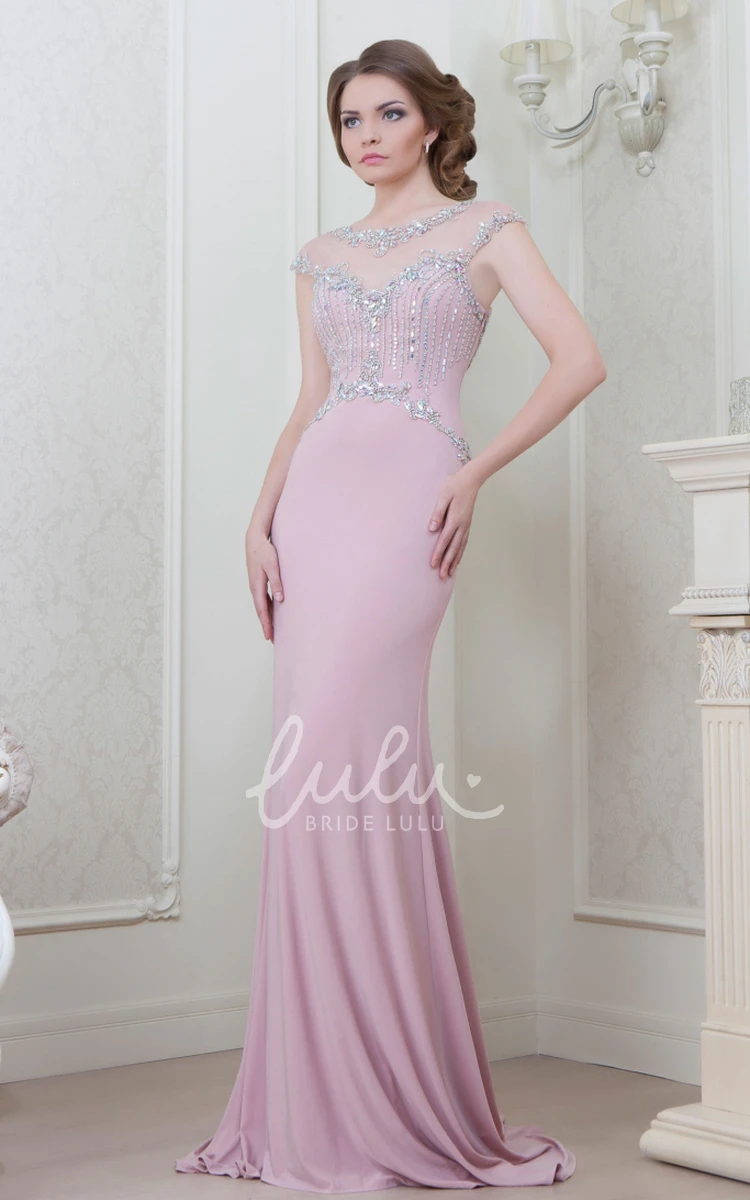 Beaded Sheath Jersey Evening Dress + Cap-Sleeve + Scoop-Neck + 2024