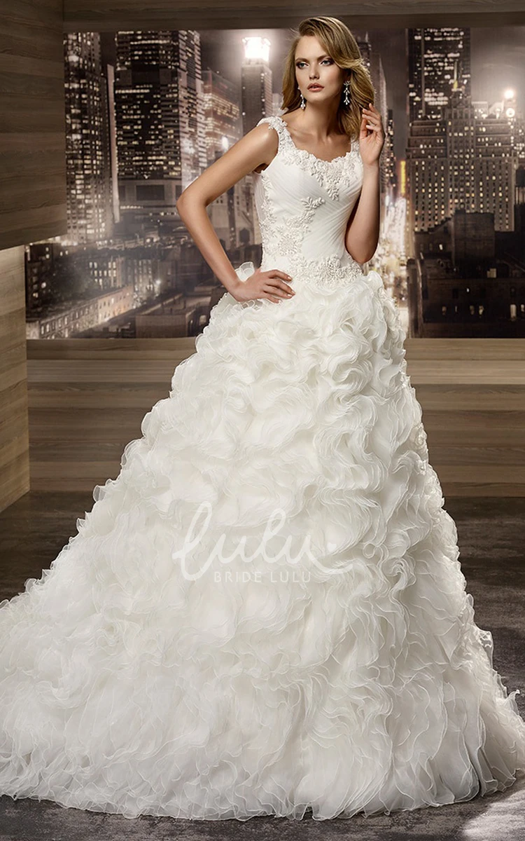 Cap Sleeve Lace Wedding Dress with Cascading Ruffles and Square Neckline