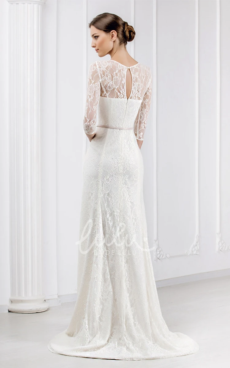 Lace 3-4 Sleeve Wedding Dress with Brush Train Unique Wedding Dress