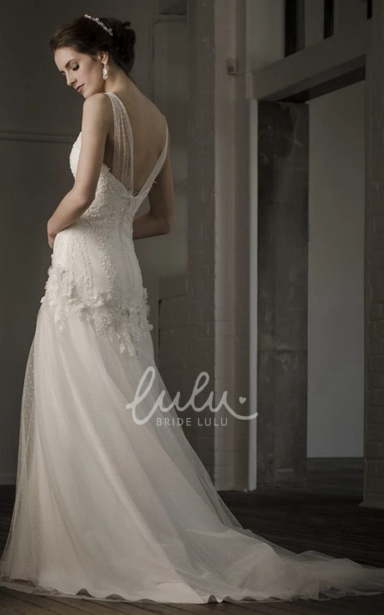 A-Line Tulle Wedding Dress with V-Neck and Floral Appliques