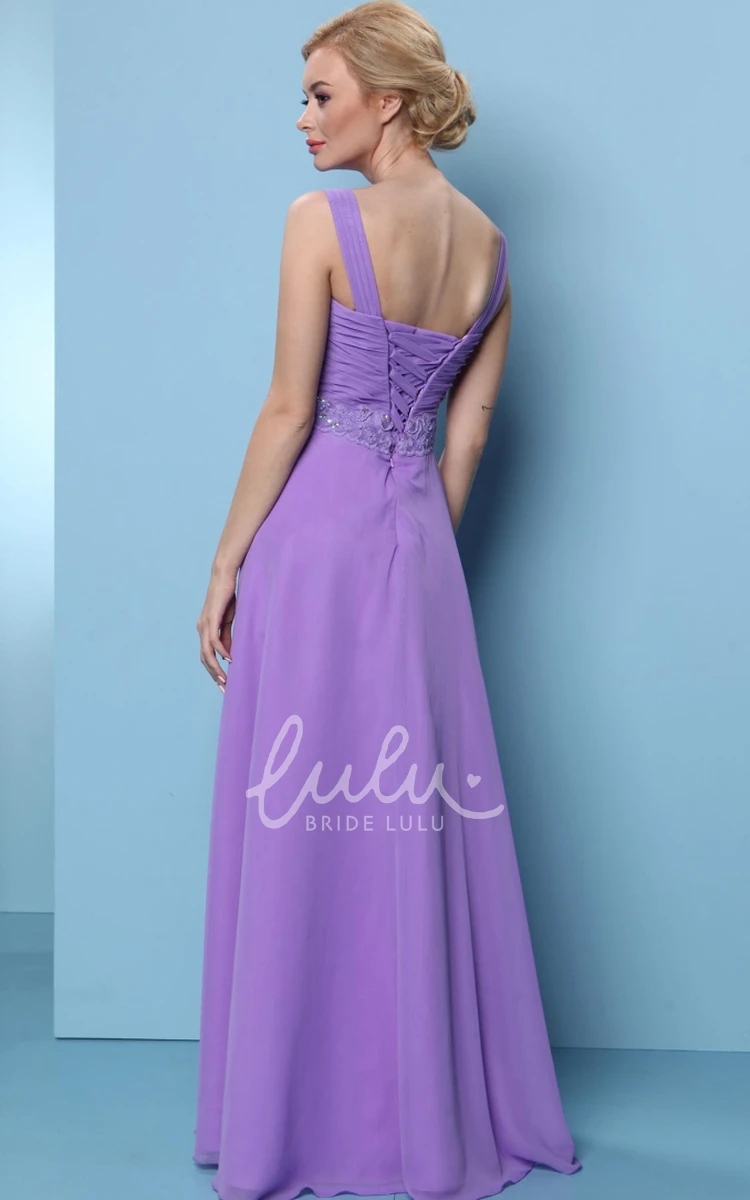 Appliqued Strapped Chiffon Bridesmaid Dress with Ruching Sleeveless Lace-Up Unique