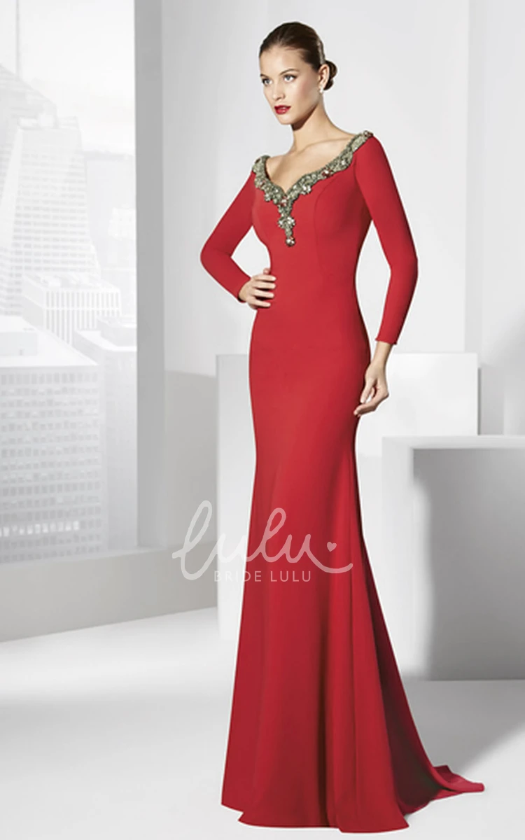 V-Neck Jersey Prom Dress Sheath Long Sleeve Floor-Length