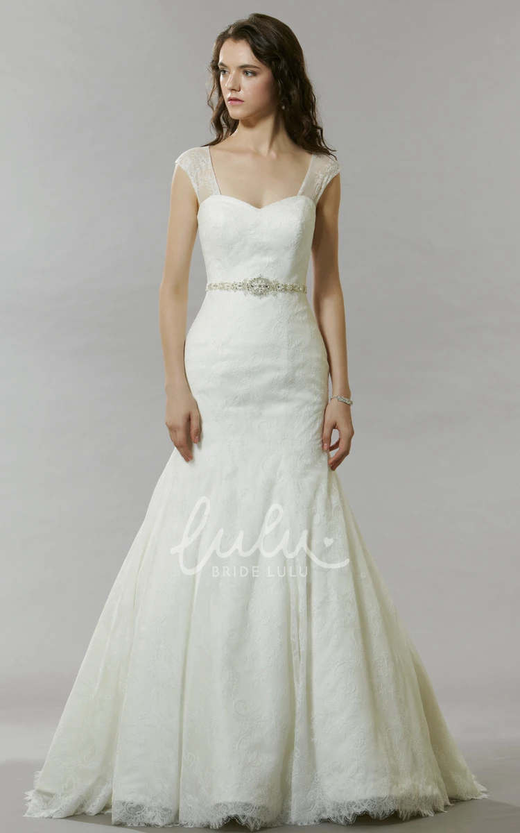 Sleeveless Lace Wedding Dress with Queen Anne Neckline Jeweled Waist and Illusion Detail