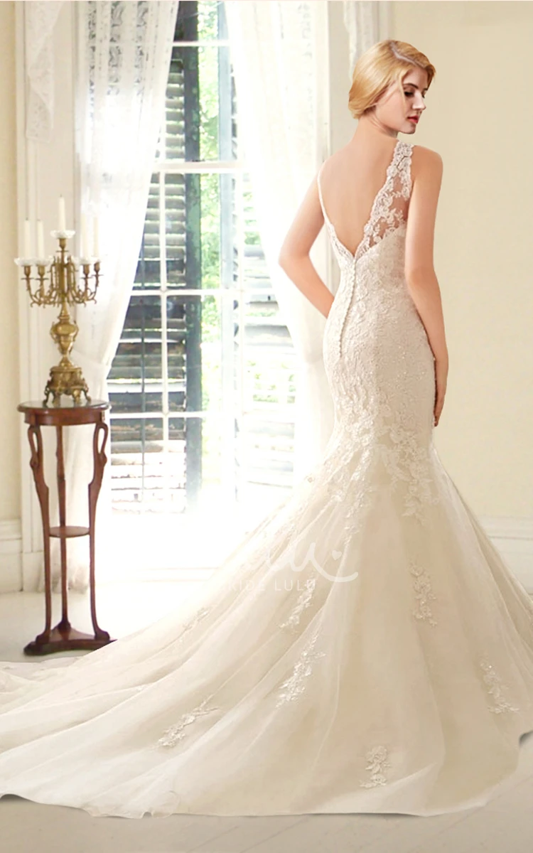 Lace Mermaid Wedding Dress with Organza Skirt and Deep V-Back