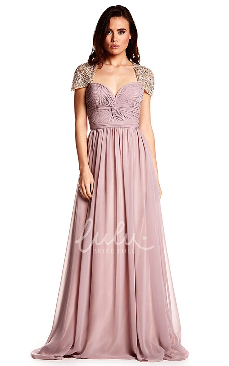 Ruched Sweetheart Chiffon Prom Dress Cap Sleeve Unique Flowy