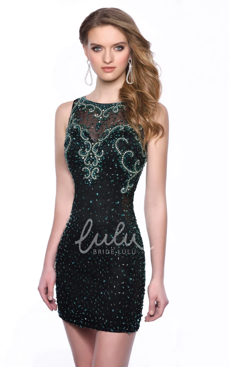 Sequined Sleeveless Bateau Neck Homecoming Dress Illusion Style Form-Fitted