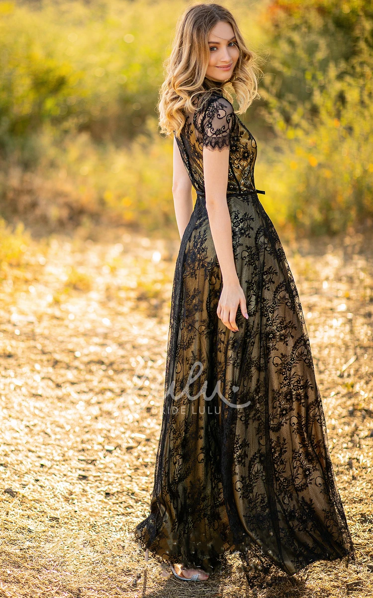 Ethereal A Line Lace Evening Gown with Jewel Neckline and Sleeves