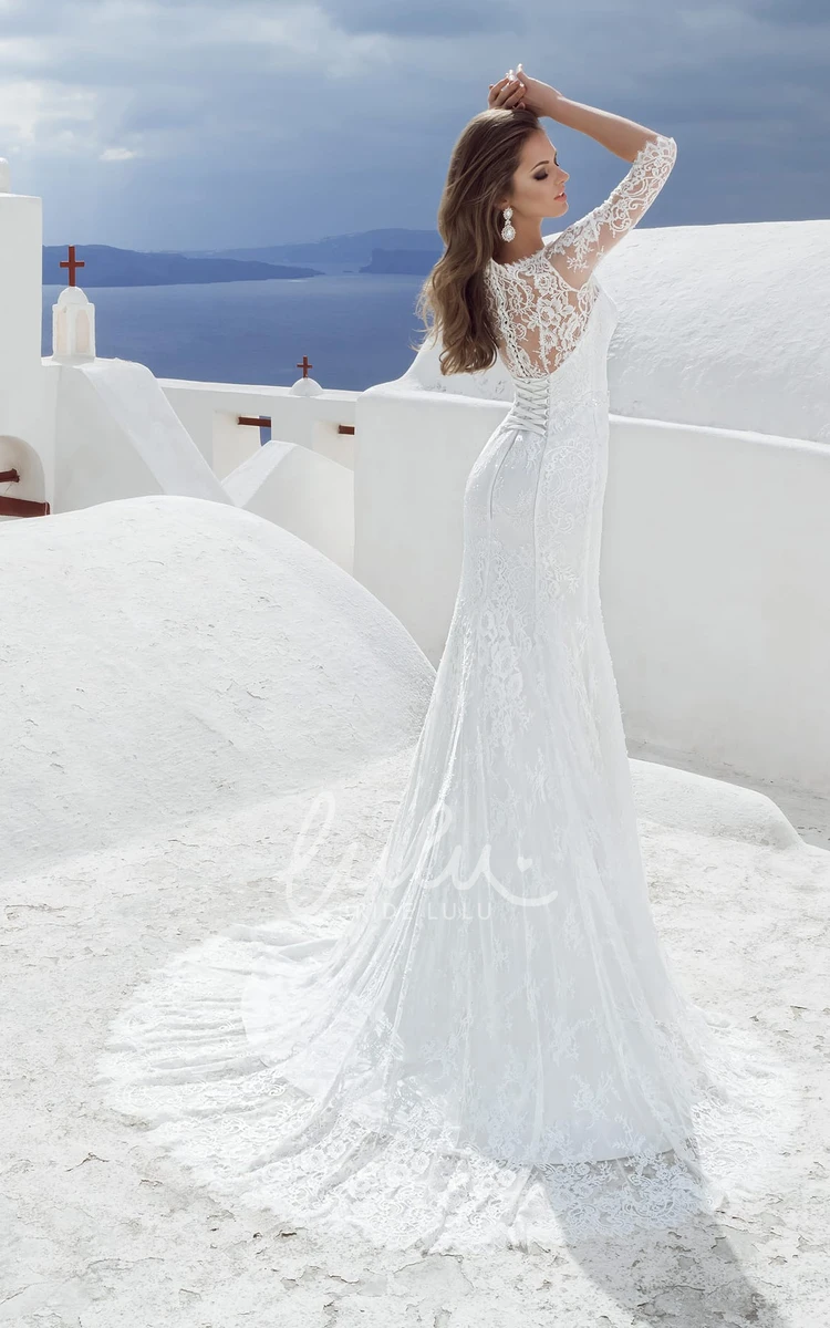 Lace Beaded Sheath Wedding Dress with 3/4 Sleeves and Bateau Neckline