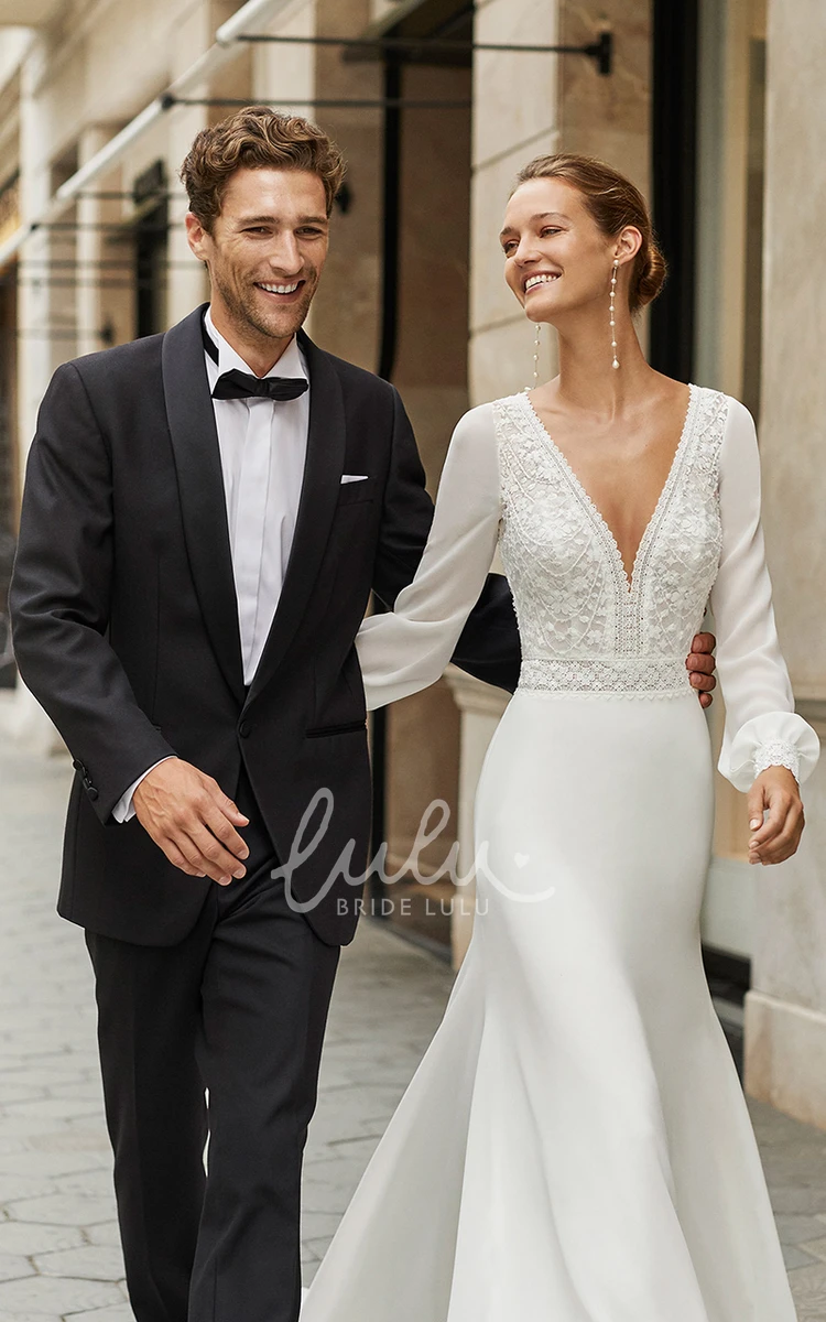 Chiffon V-neck A-Line Country Wedding Dress with Long Sleeve and Button Back