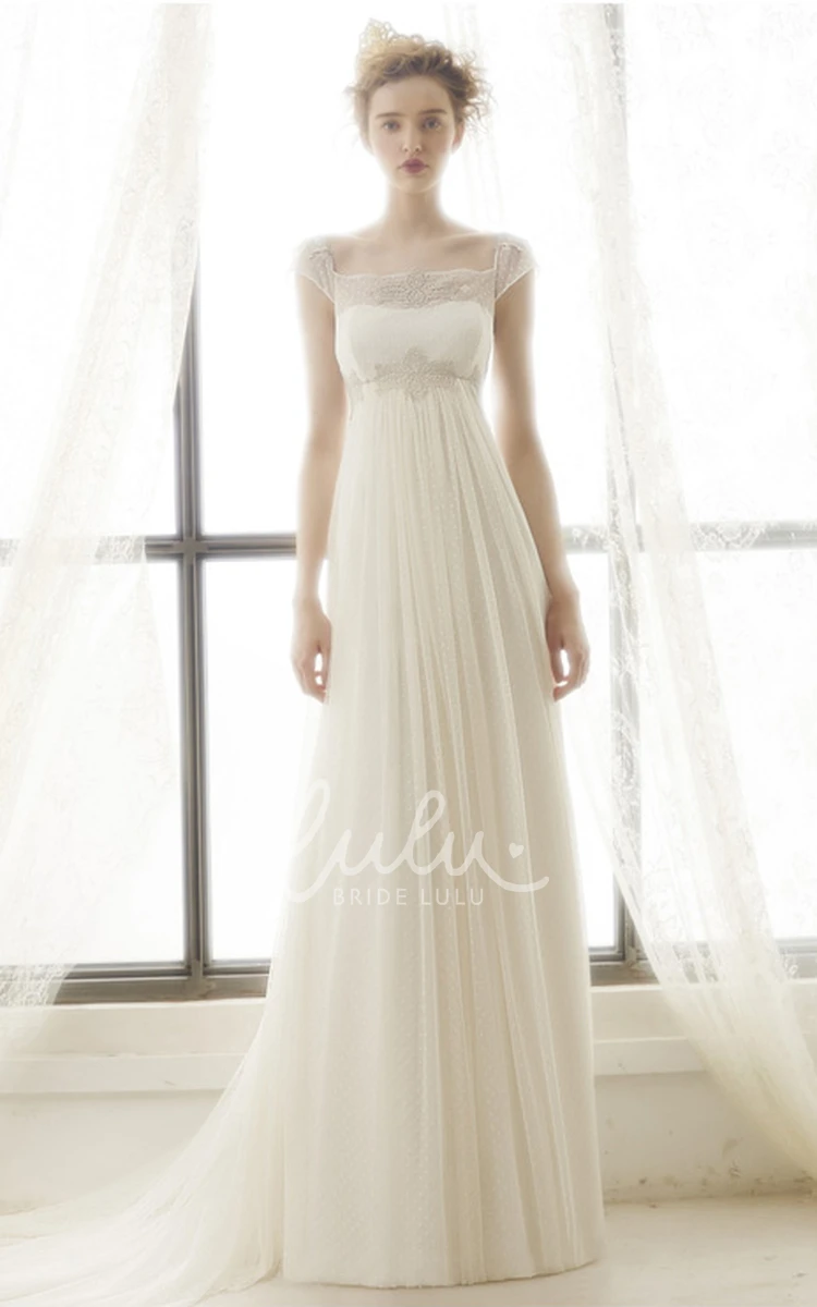Cap-Sleeve Tulle Wedding Dress with Empire Waist and Appliques