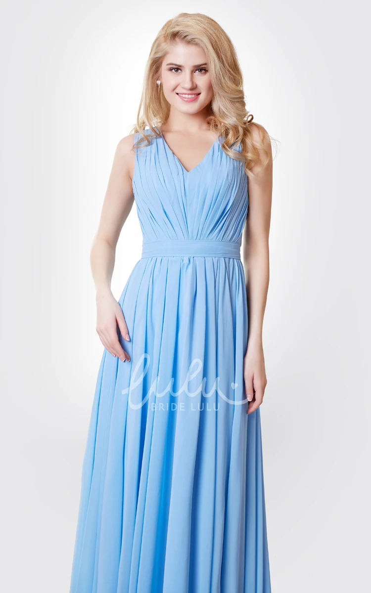 V-neck Keyhole Back A-line Chiffon Dress Long & Unique