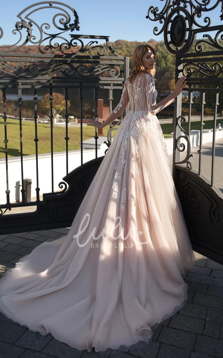 Tulle Long Sleeve A-Line Wedding Dress with Appliques Ethereal and Classy