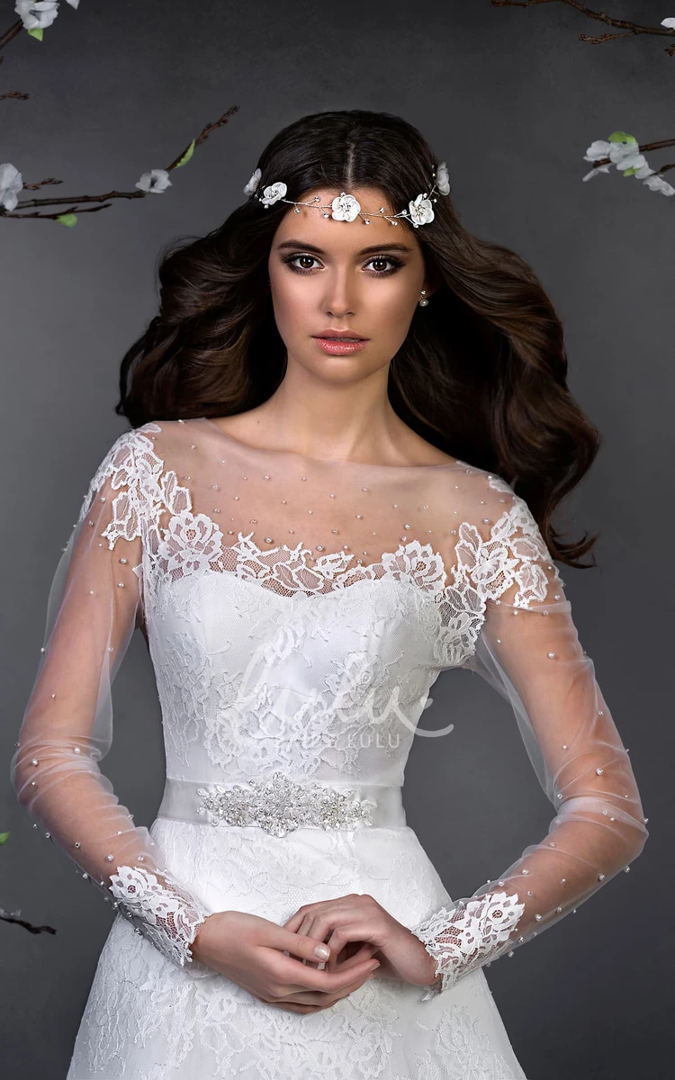 Long-Sleeve Lace A-Line Wedding Dress with Waist Jewelry