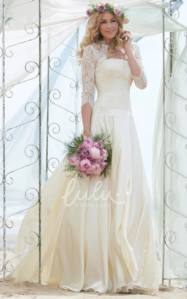 Illusion Lace A-Line Strapless Wedding Dress with 3/4 Sleeves
