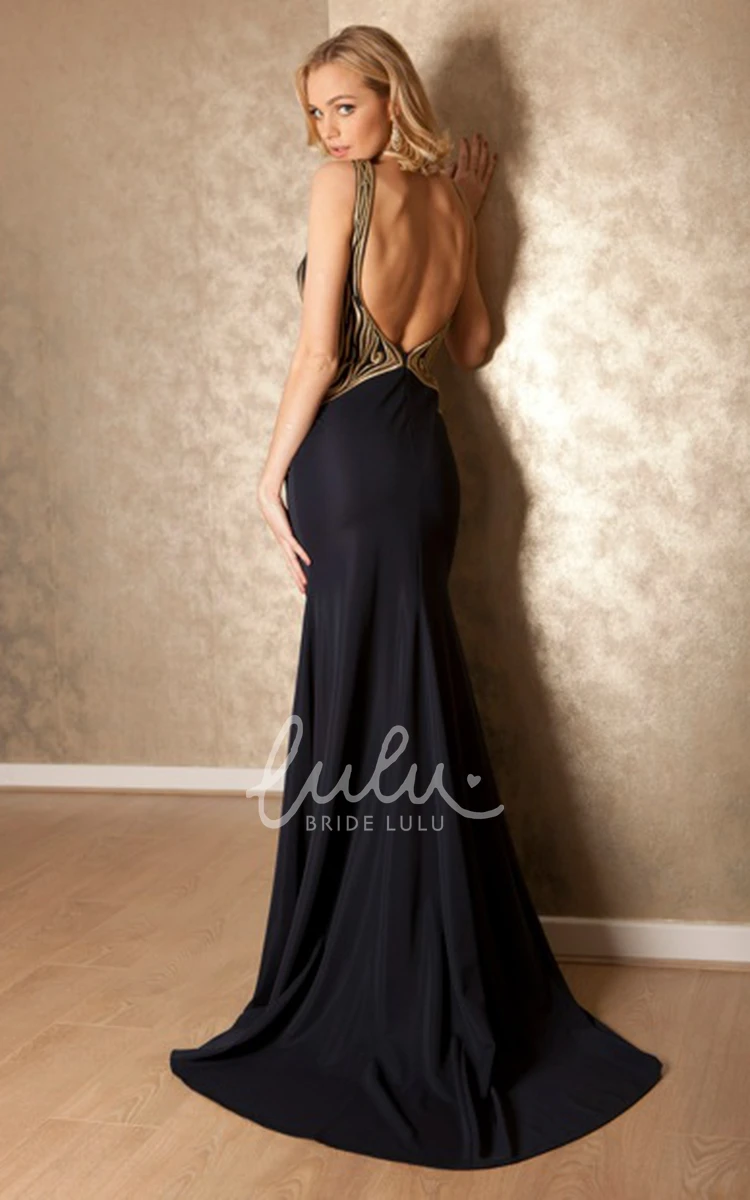 Backless Jersey Prom Dress with Sweep Train Sleeveless Sheath Floor-Length