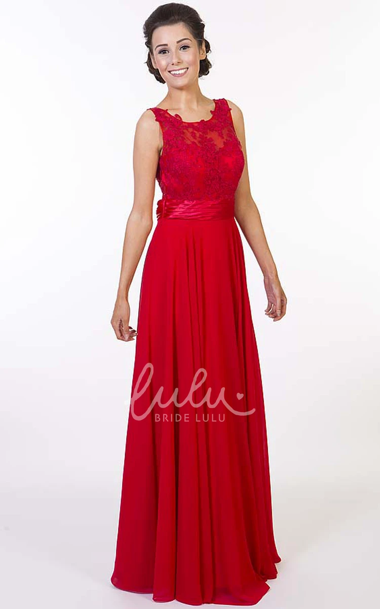 A-Line Maxi Chiffon Prom Dress with Appliqued Scoop Neck and Keyhole Back