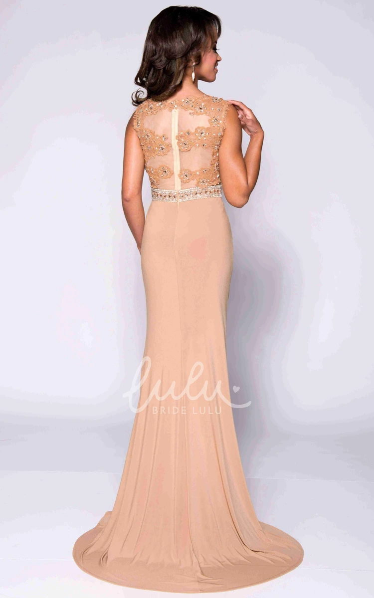 Beaded Lace Sleeveless Prom Dress Jersey Material with Side Slit