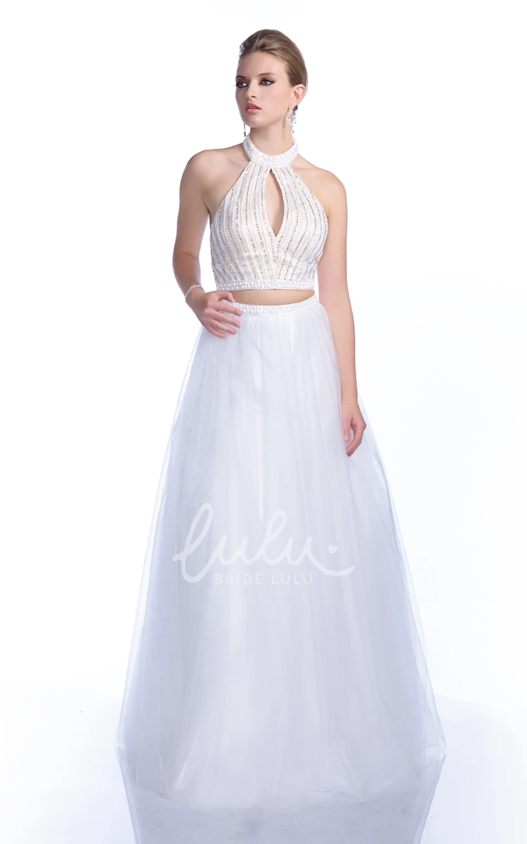 Sleeveless A-Line Tulle Prom Dress with Halter and Crystal Bodice