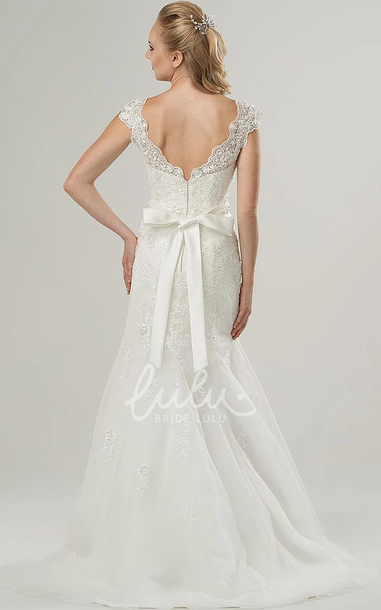 Cap-Sleeve Jeweled Lace Wedding Dress with V-Neck Sheath Bridal Gown