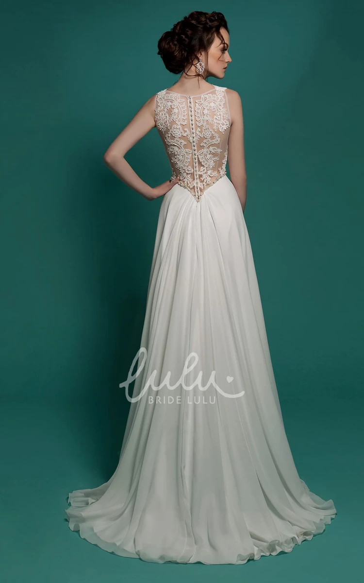 A-Line Chiffon Illusion Wedding Dress with Beading and Lace Appliques