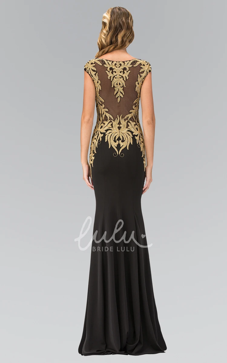 Beaded Cap-Sleeve Sheath Formal Dress with Jersey Illusion and Pleats