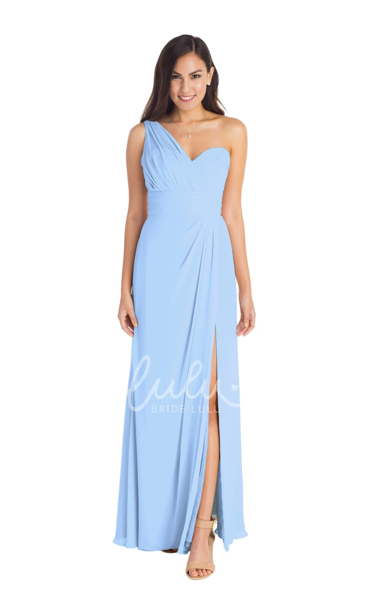 One-Shoulder Chiffon Bridesmaid Dress Ruched Sleeveless Multi-Color Split Front