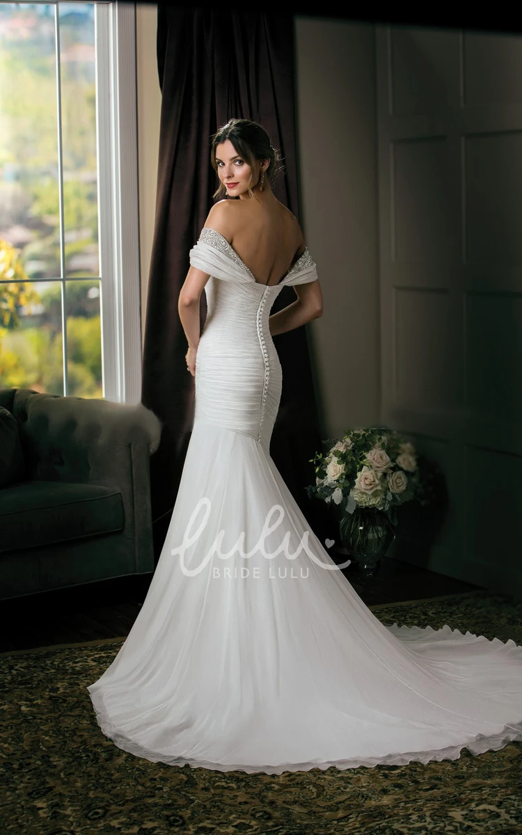 Trumpet Wedding Dress with Off-The-Shoulder Neckline and Crystals Modern Bridal Gown