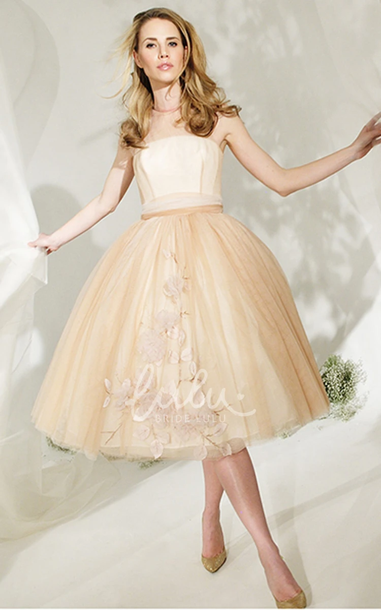 Tea-Length Floral Tulle Wedding Dress with Illusion High Neck and Bow