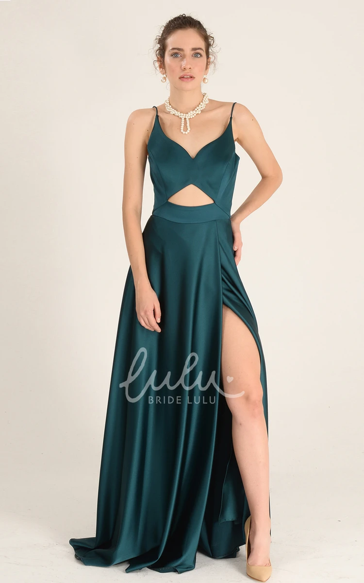 Sleeveless A-line Satin Formal Dress with Split Front Modern and Floor-length with V-neck