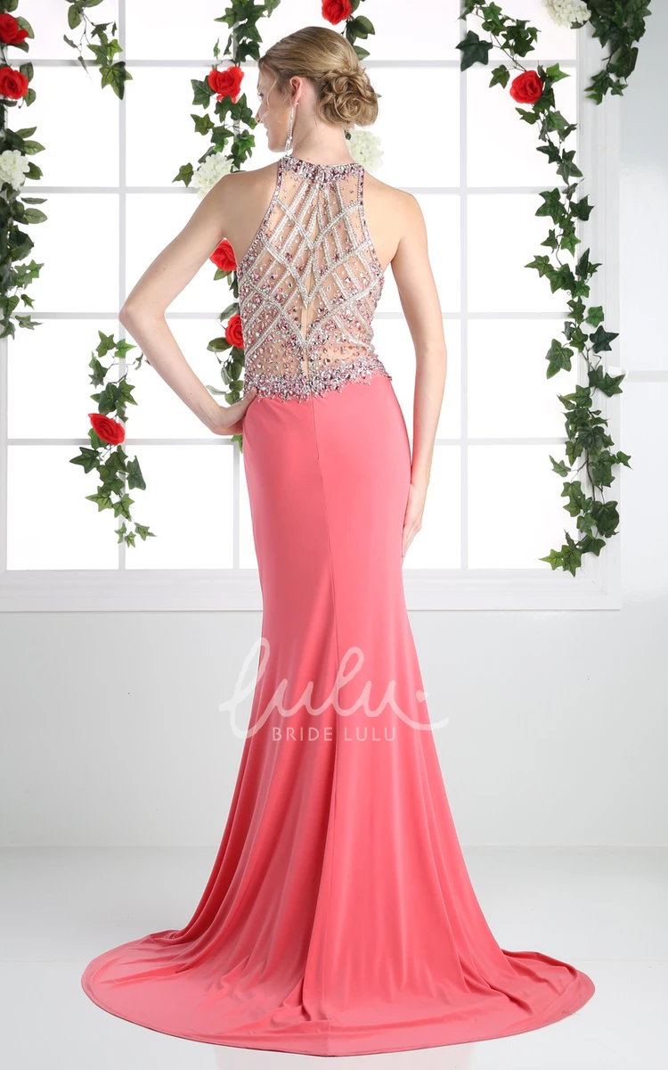 Illusion Sheath Jersey Formal Dress with Jewel Neckline Beading and Split Front