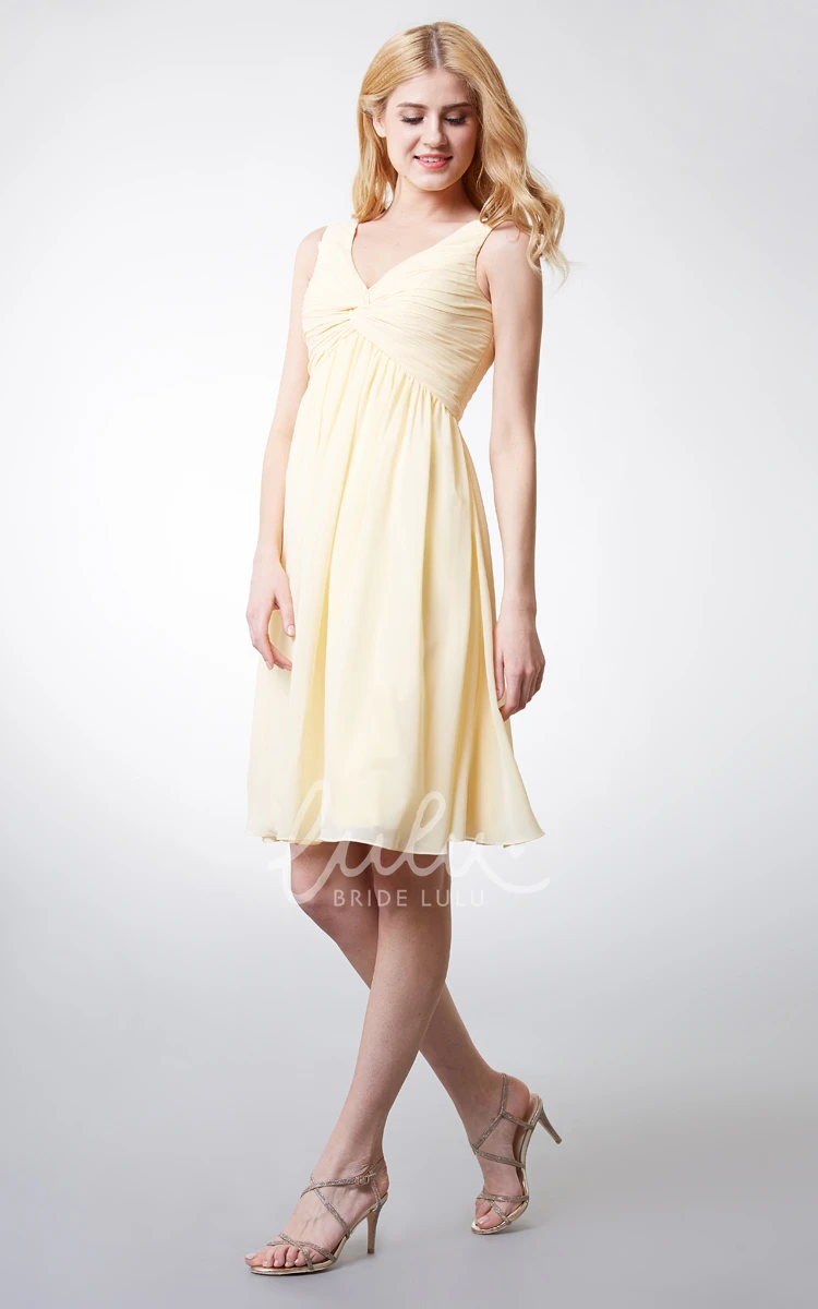 Empire V-Neckline Knee-length Chiffon Dress with Pleats Casual and Beachy