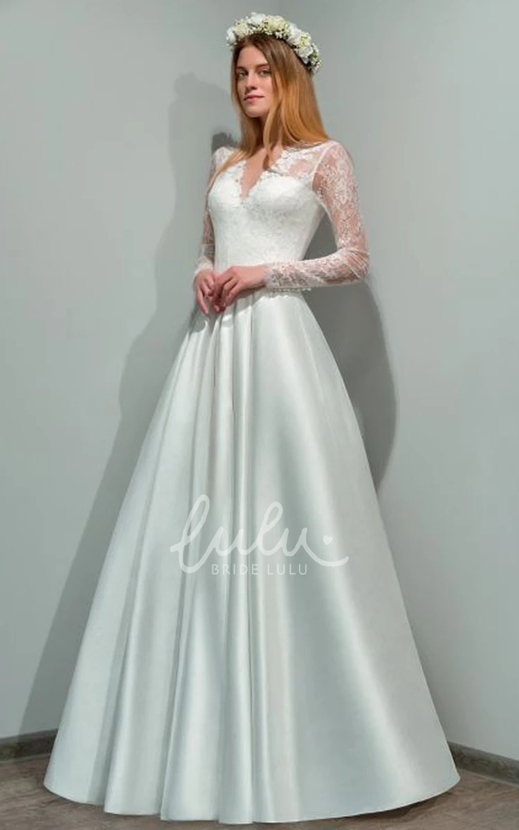 Long Sleeve Satin A-Line Wedding Dress with Appliques Modern Bridal Gown