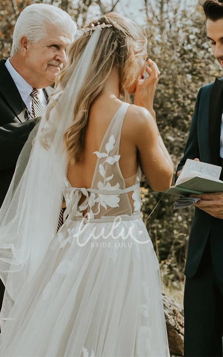 Appliqued A-line V-neck Wedding Dress with Tulle Skirt