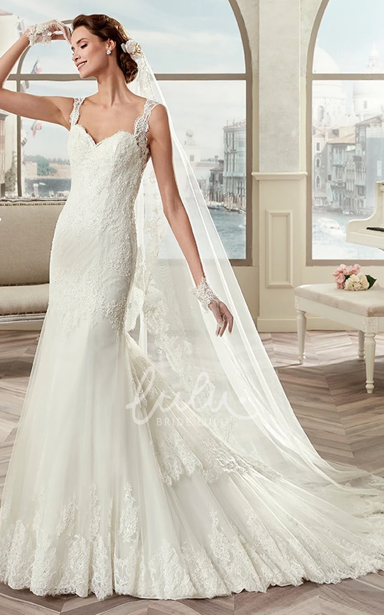 Mermaid Sheath Bridal Gown with Square Neckline Lace Straps and Brush Train