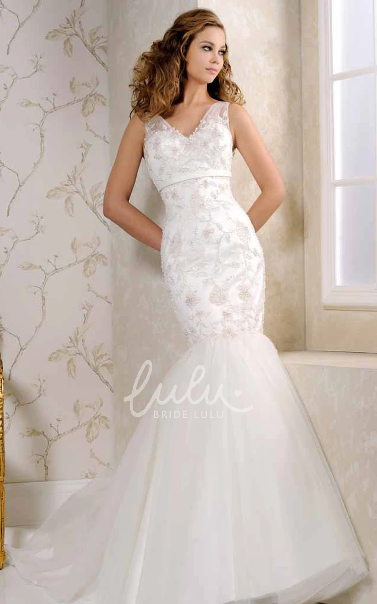 Beaded V-Neck Tulle Wedding Dress with Sweep Train and V-Back Elegant Bridal Gown