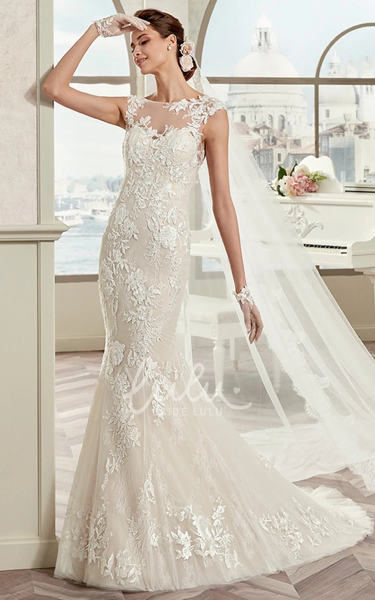 Cap Sleeve Mermaid Wedding Dress with Illusion Neckline and Open Back