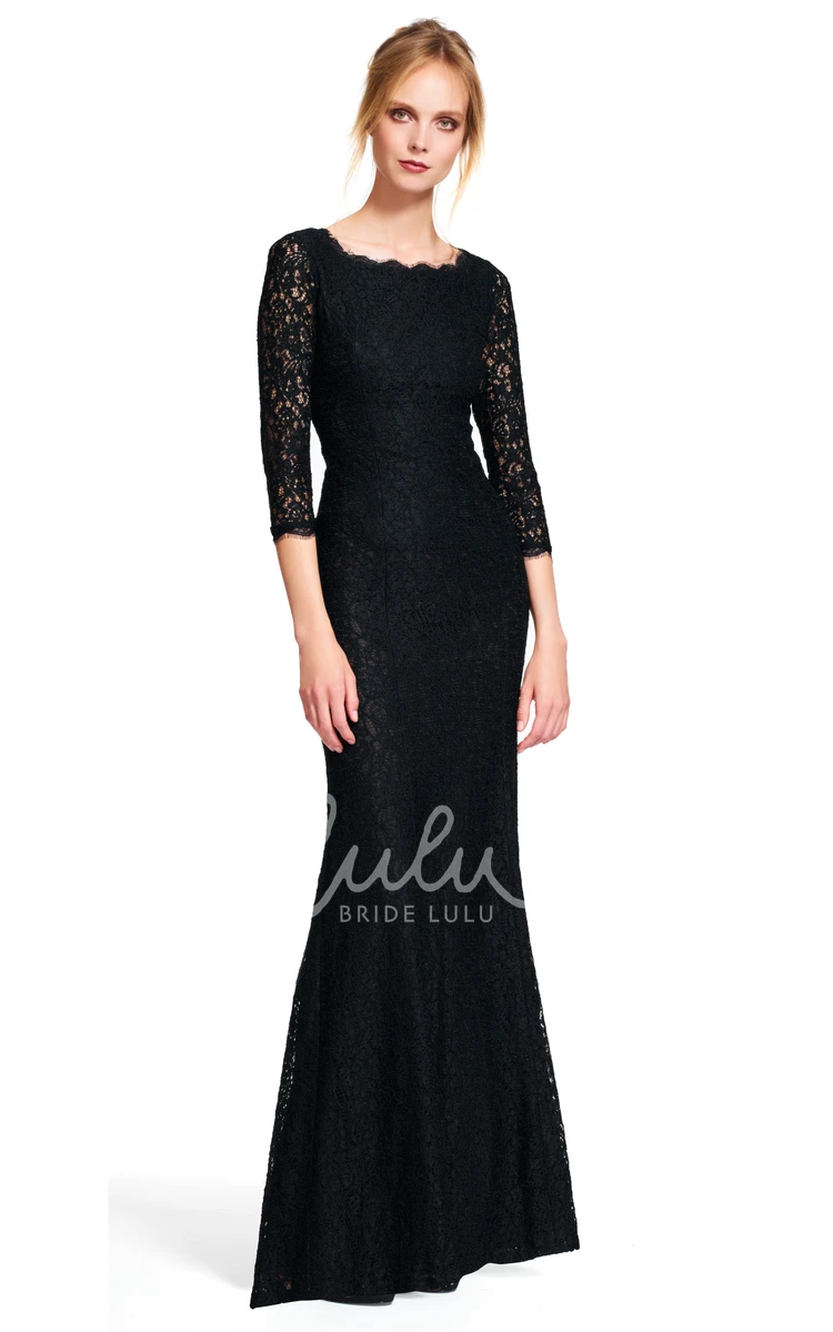 Lace Bateau Neck Sheath Bridesmaid Dress with 3-4 Sleeves and Floor-Length