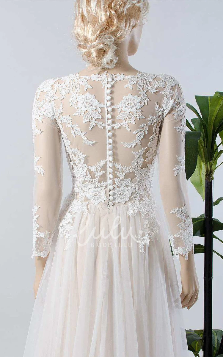 A-Line Tulle Wedding Dress with Lace Applique and Illusion Long Sleeves