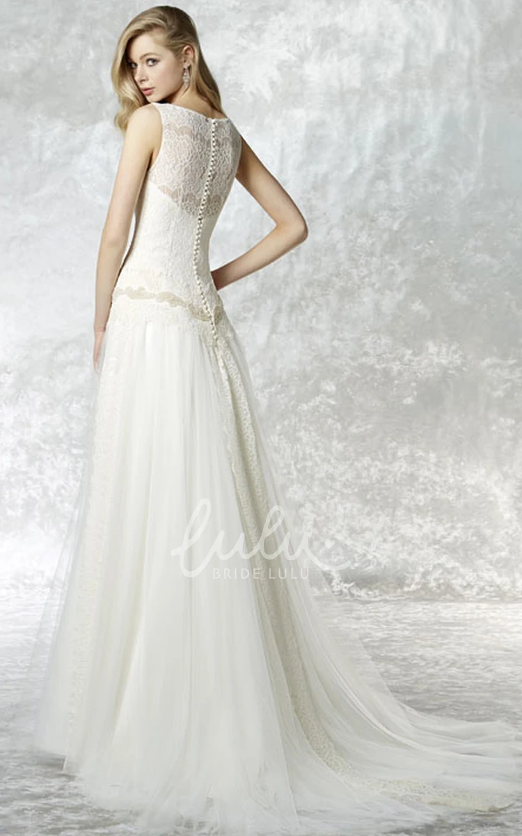 A-Line Lace&Tulle Wedding Dress with Sleeveless Bateau Neck and Illusion Back Maxi Bridal Gown