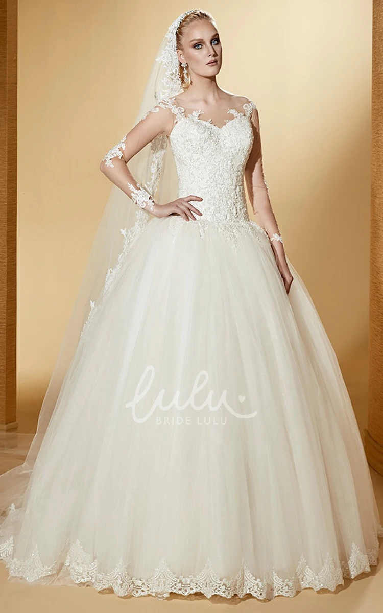 Long-Sleeve Ball Gown with Illusive Design and Lace Bodice Modern and Sophisticated