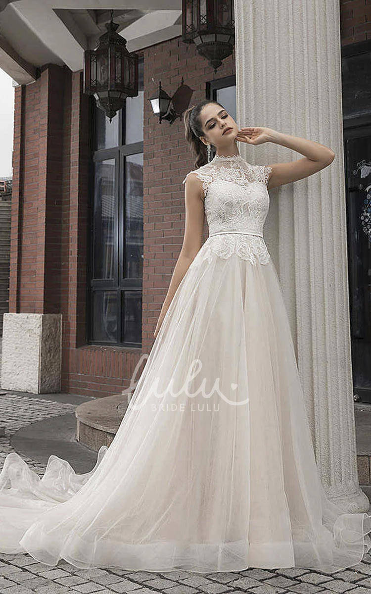 Vintage Lace High Neck Cap Sleeve Wedding Dress with Button Back