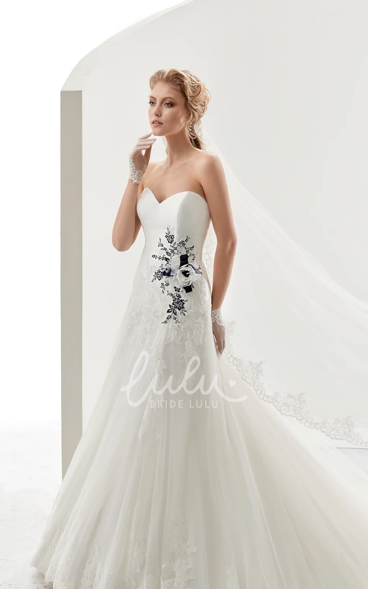 Striking Floral Applique Sweetheart Wedding Dress with Brush Train