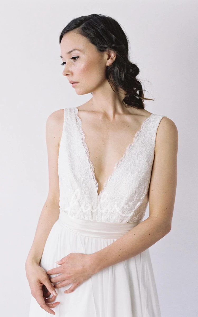 Lace Bodice V-Neck Chiffon Wedding Dress Sleeveless Long