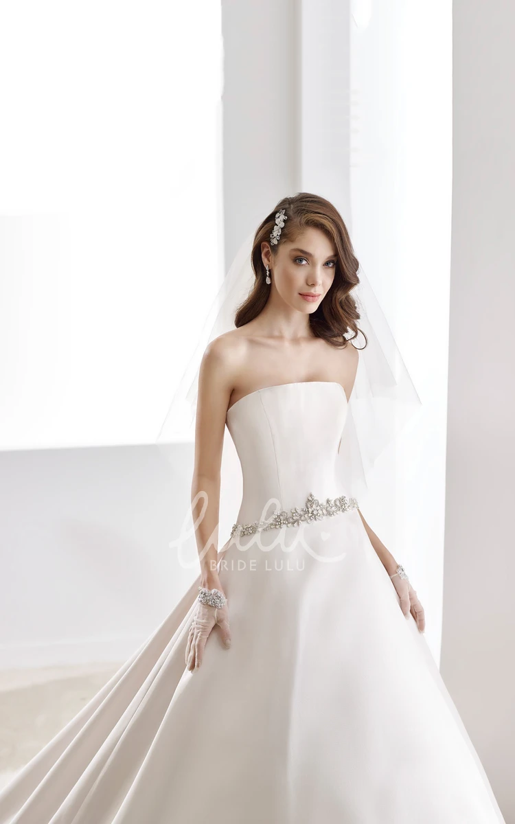 Satin Wedding Dress with Beaded Belt and V-Back A-line