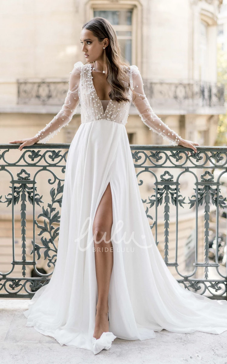 Romantic Sexy Chiffon Beaded A-Line V-neck Wedding Dress Elegant Vintage Long Sleeve Floor-length Split Bridal Gown with Train