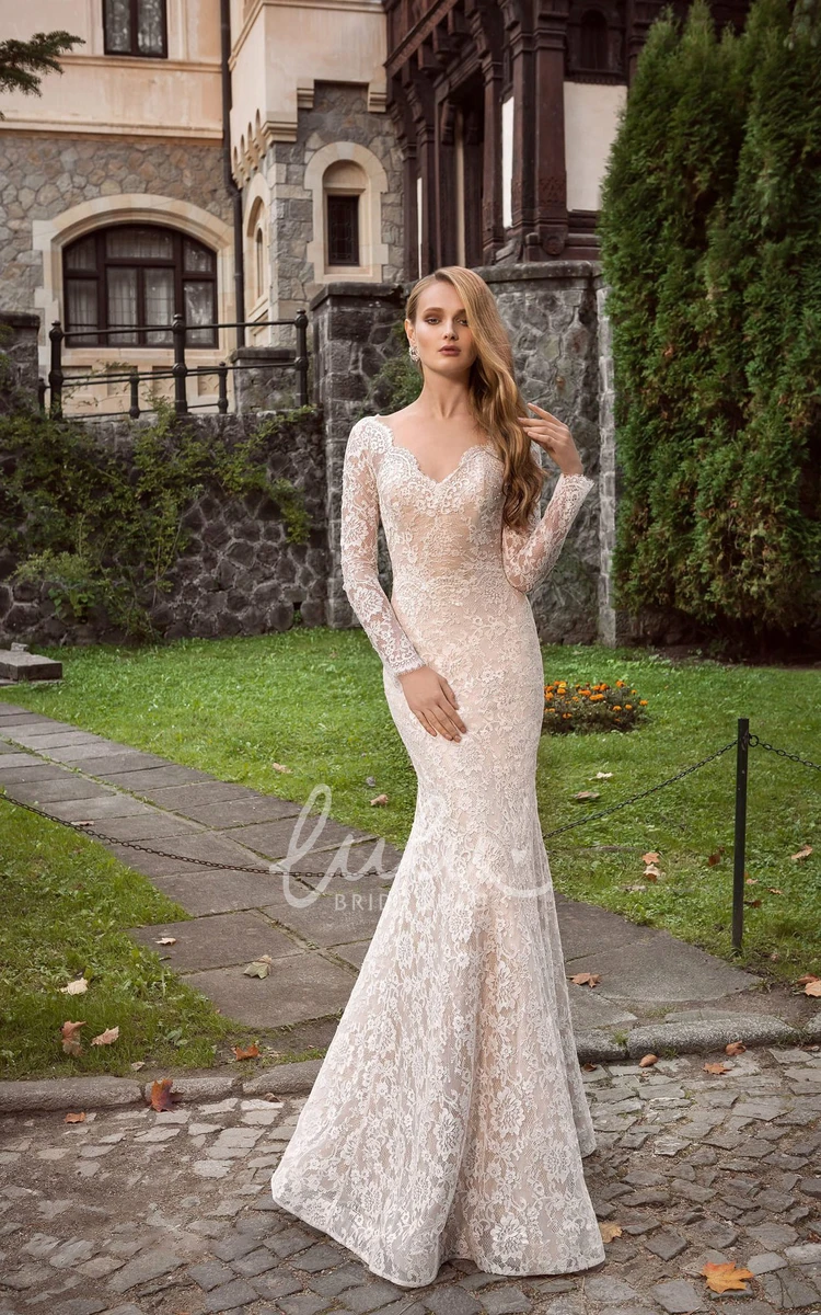 Long Sleeve Lace Wedding Dress with V-Neck and Crystal Embellishments